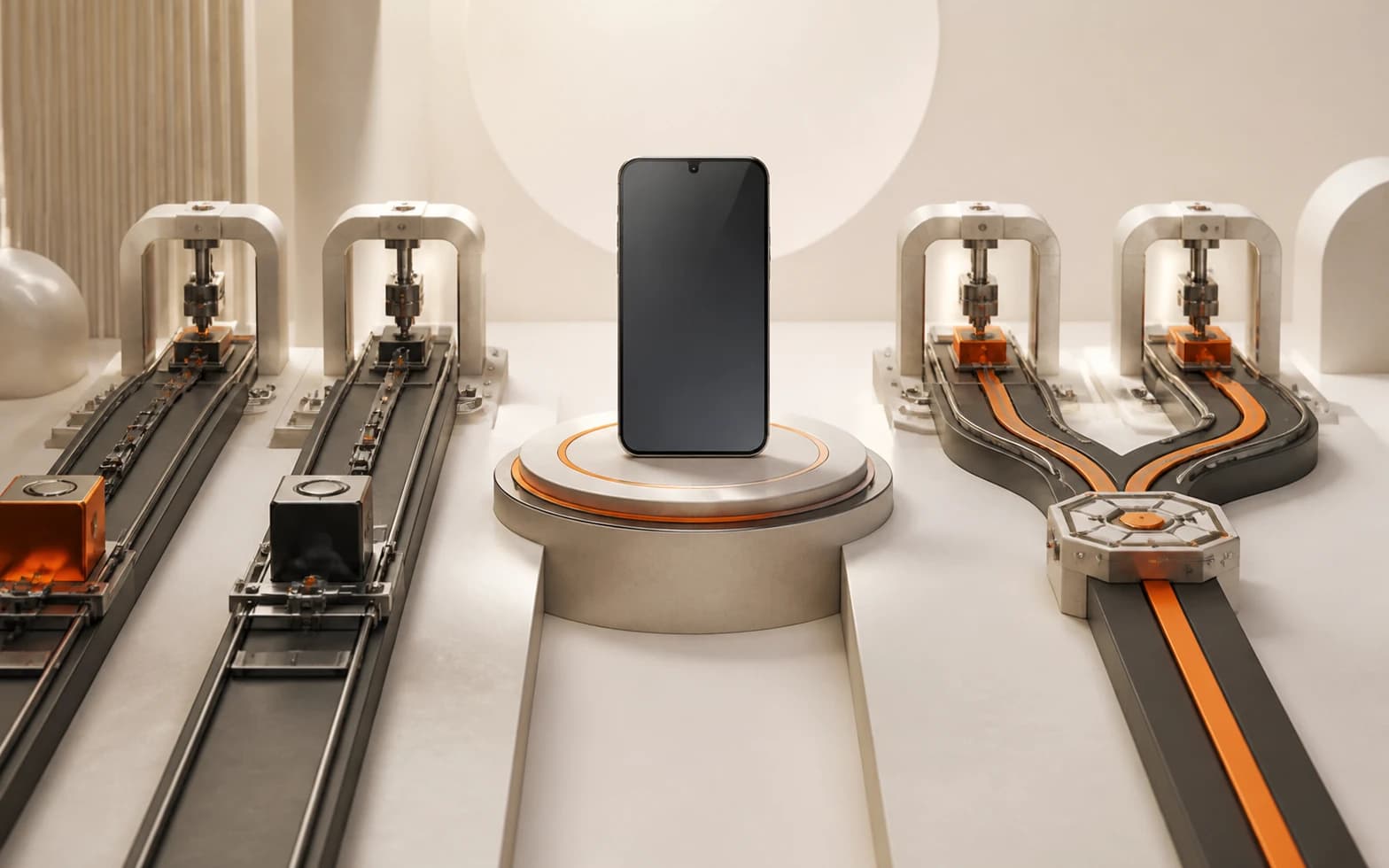 A phone on a plinth between two production lines: on the left, two separate parallel tracks running side by side; on the right, a single track that forks into two.