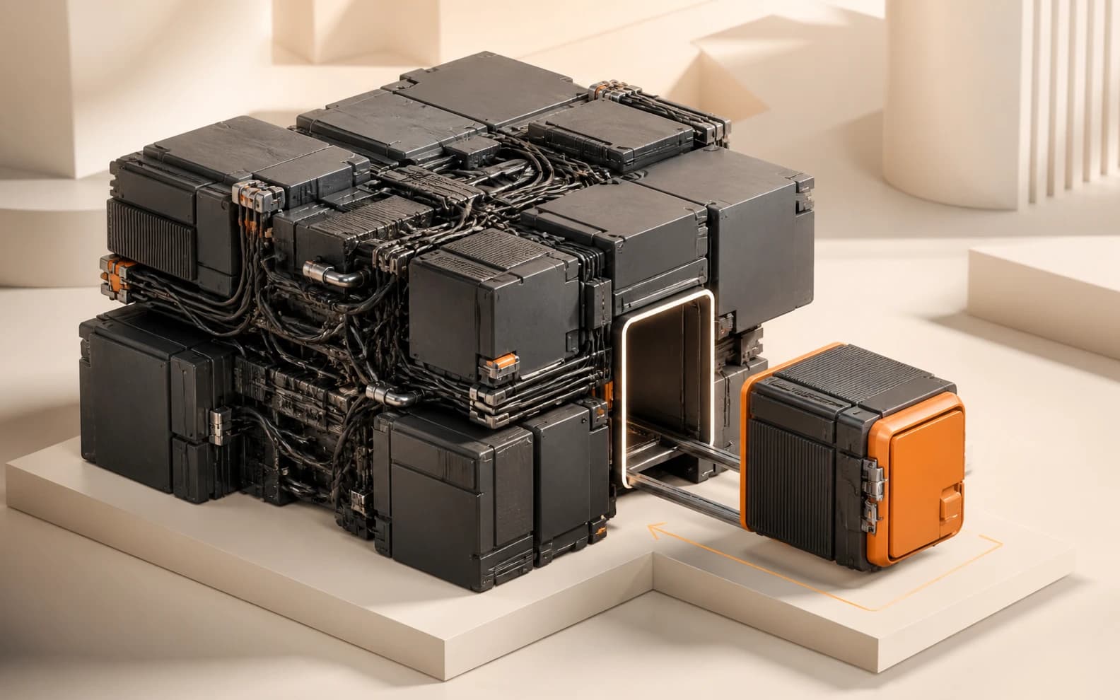 A dense block of black cabled modules with one orange module sliding out along rails, leaving the rest of the structure intact.