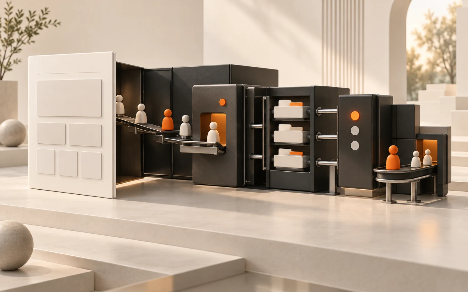A flat page-like panel opening into a connected system where people and records move through an organised workflow.