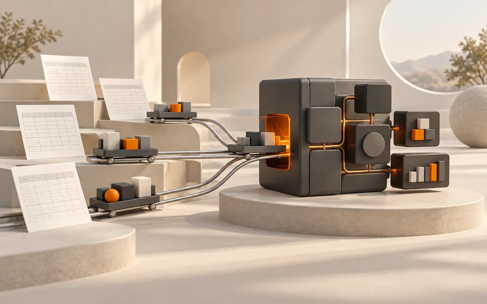 Paper grids and separate trays carrying records along converging rails into one connected modular system.