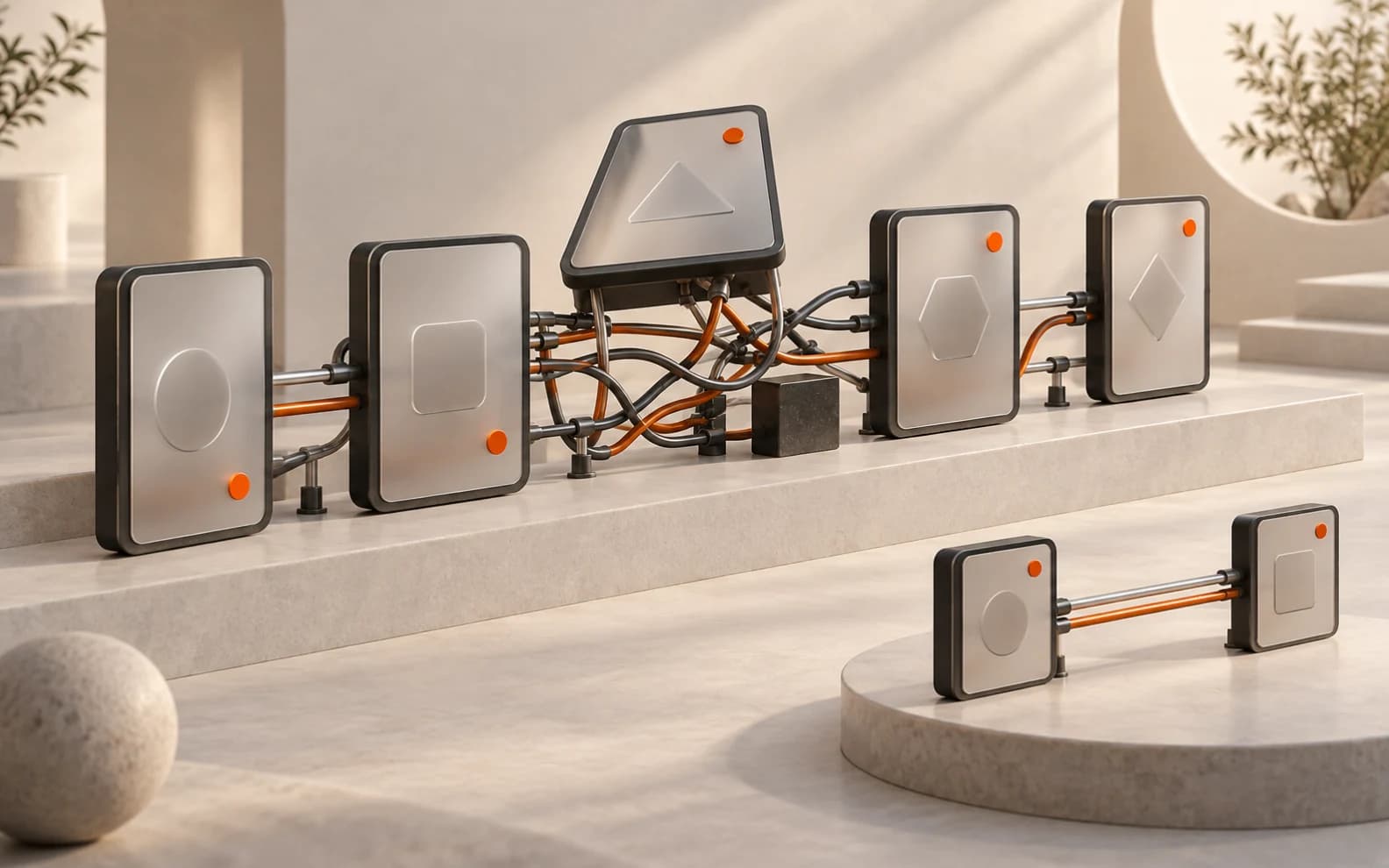 Polished interface panels connected by tangled rails, with a smaller pair of panels joined by one clear route nearby.