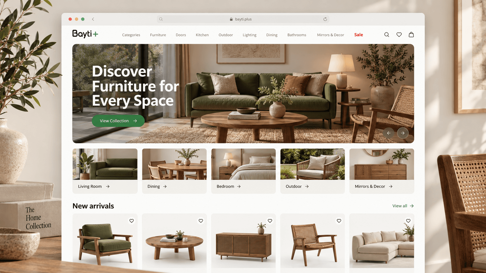 BaytiPlus furniture marketplace storefront displayed in a warm living-room setting