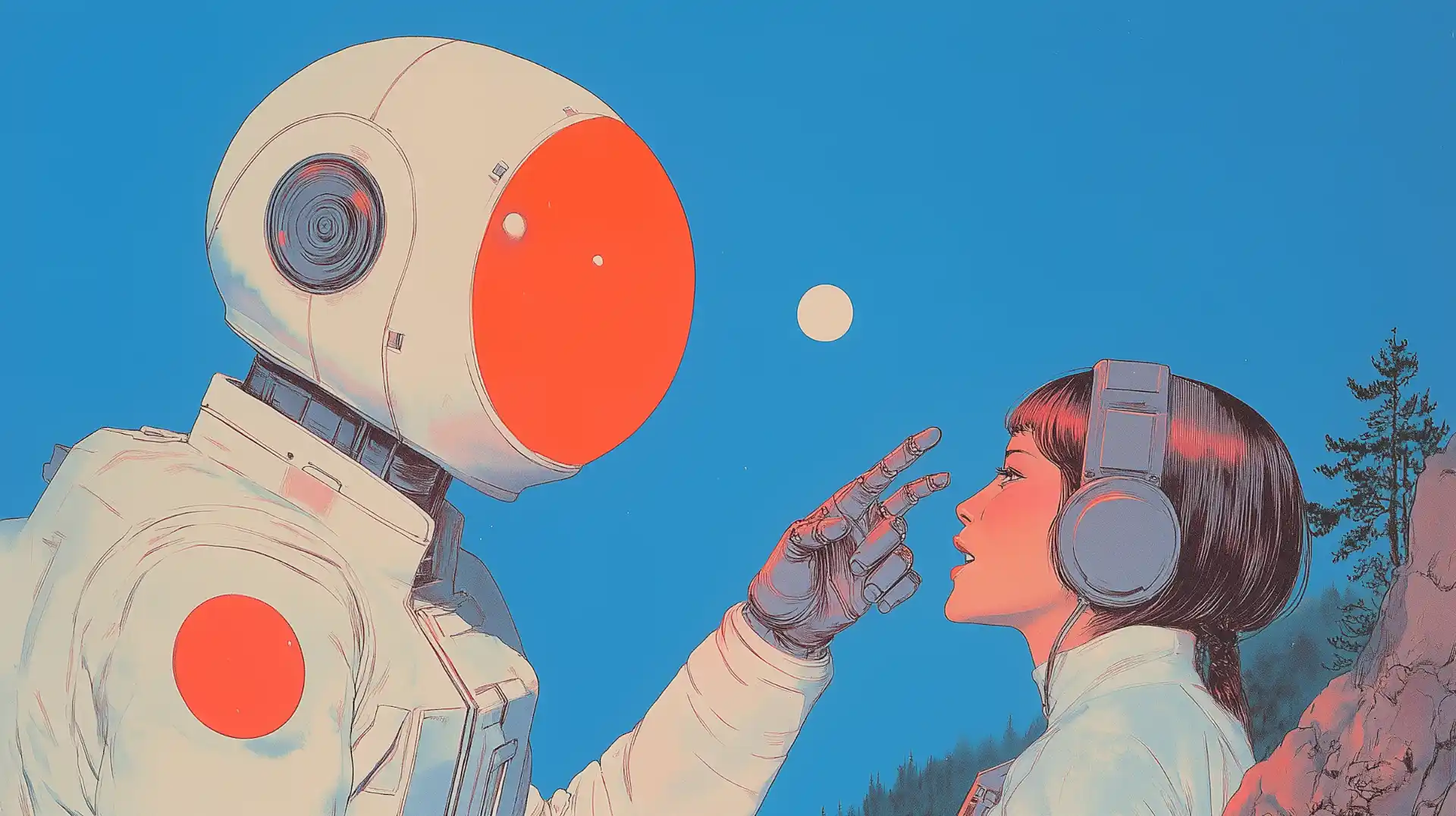 Illustration of an astronaut in headphones reaching toward a white robot against a blue sky